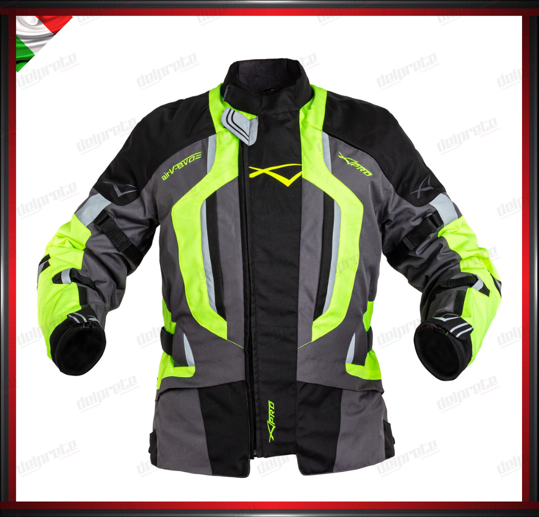 GIACCA MOTO FLUO IN TESSUTO CORDURA IMPERMEABILE TERMICA REMOVIBILE PROTEZIONI OMOLOGATE CE