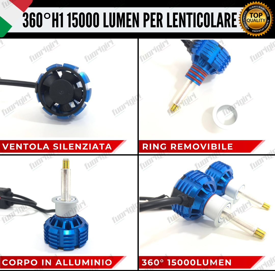 KIT FULL LED H1 360° GRADI 15000L CANBUS SPECIFICO PER FARI LENTICOLARI BIANCO