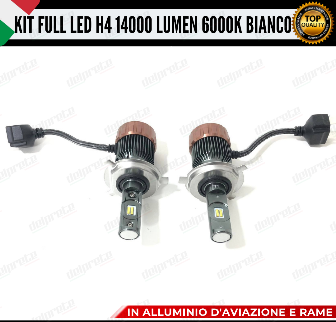 KIT LED FULL H4 6000K BIANCO 14000 LUMEN REALI CANBUS LED 100% NO ERRORE ALLUMINIO AVIAZIONE