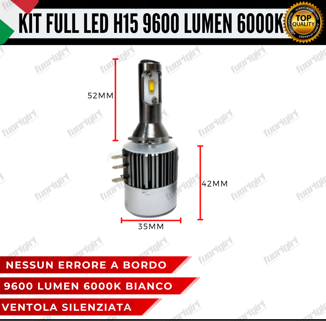 KIT LED H15 MINI FULL LED 6000K XENON CANBUS 9600 LUMEN REALI NO ERROR AUTO MOTO