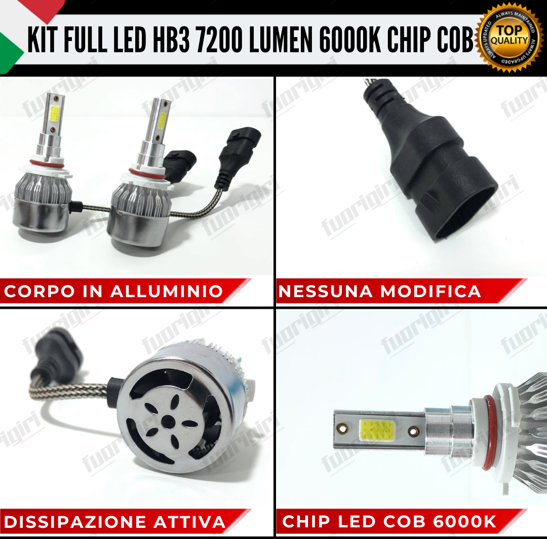 KIT FULL LED HB3 9005 CANBUS 7200 LUMEN REALI 6000K BIANCO NESSUN ERRORE AUTO