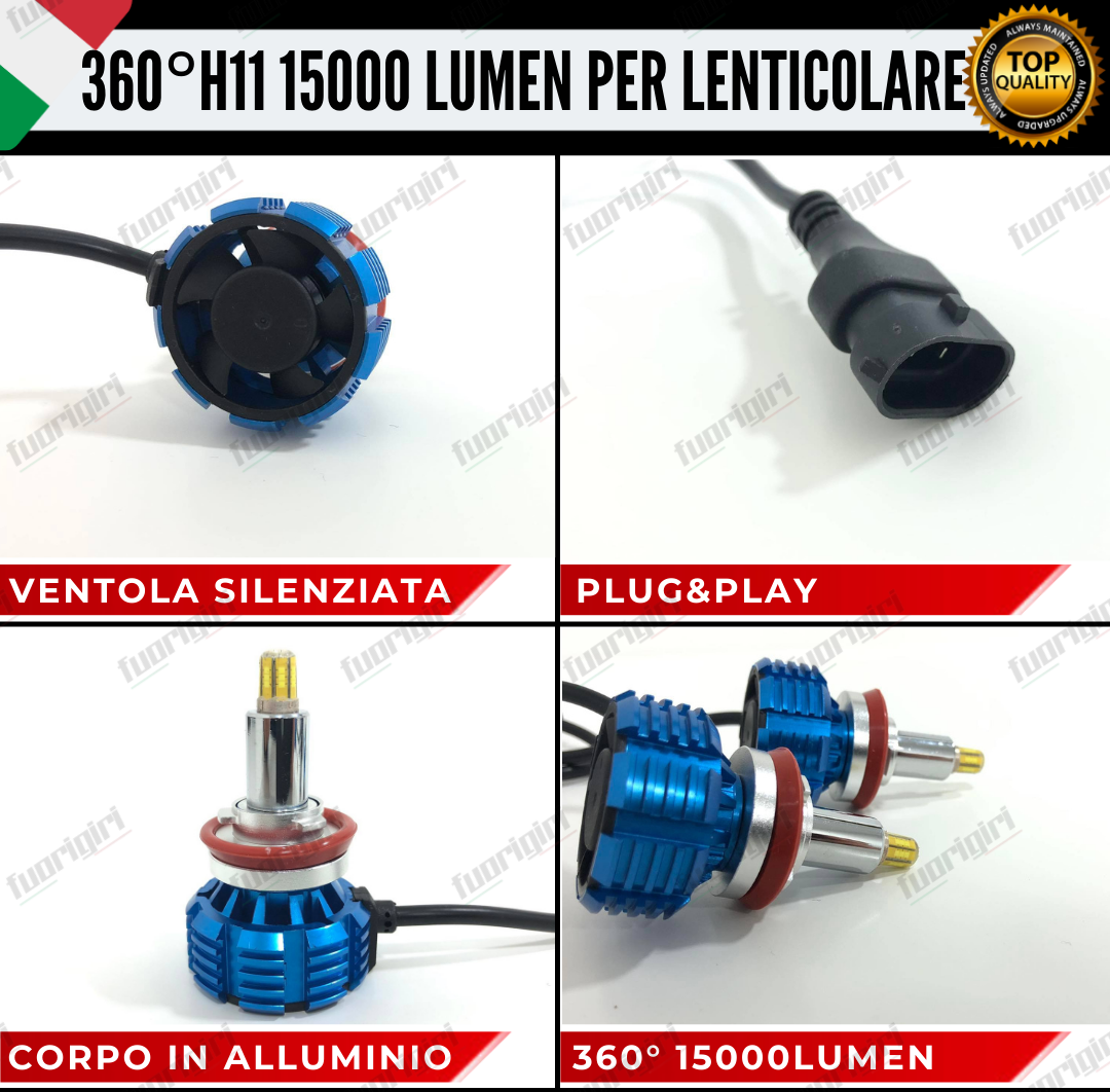 KIT FULL LED H11 360° GRADI 15000L CANBUS SPECIFICO PER FARI LENTICOLARI BIANCO