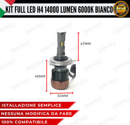 KIT LED FULL H4 6000K BIANCO 14000 LUMEN REALI CANBUS LED 100% NO ERRORE ALLUMINIO AVIAZIONE