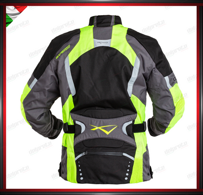 GIACCA MOTO FLUO IN TESSUTO CORDURA IMPERMEABILE TERMICA REMOVIBILE PROTEZIONI OMOLOGATE CE