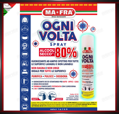 MAFRA - OGNI VOLTA SPRAY IGIENIZZANTE ALCOL SECCO PURIFICA PULISCE DEODORA 300ML