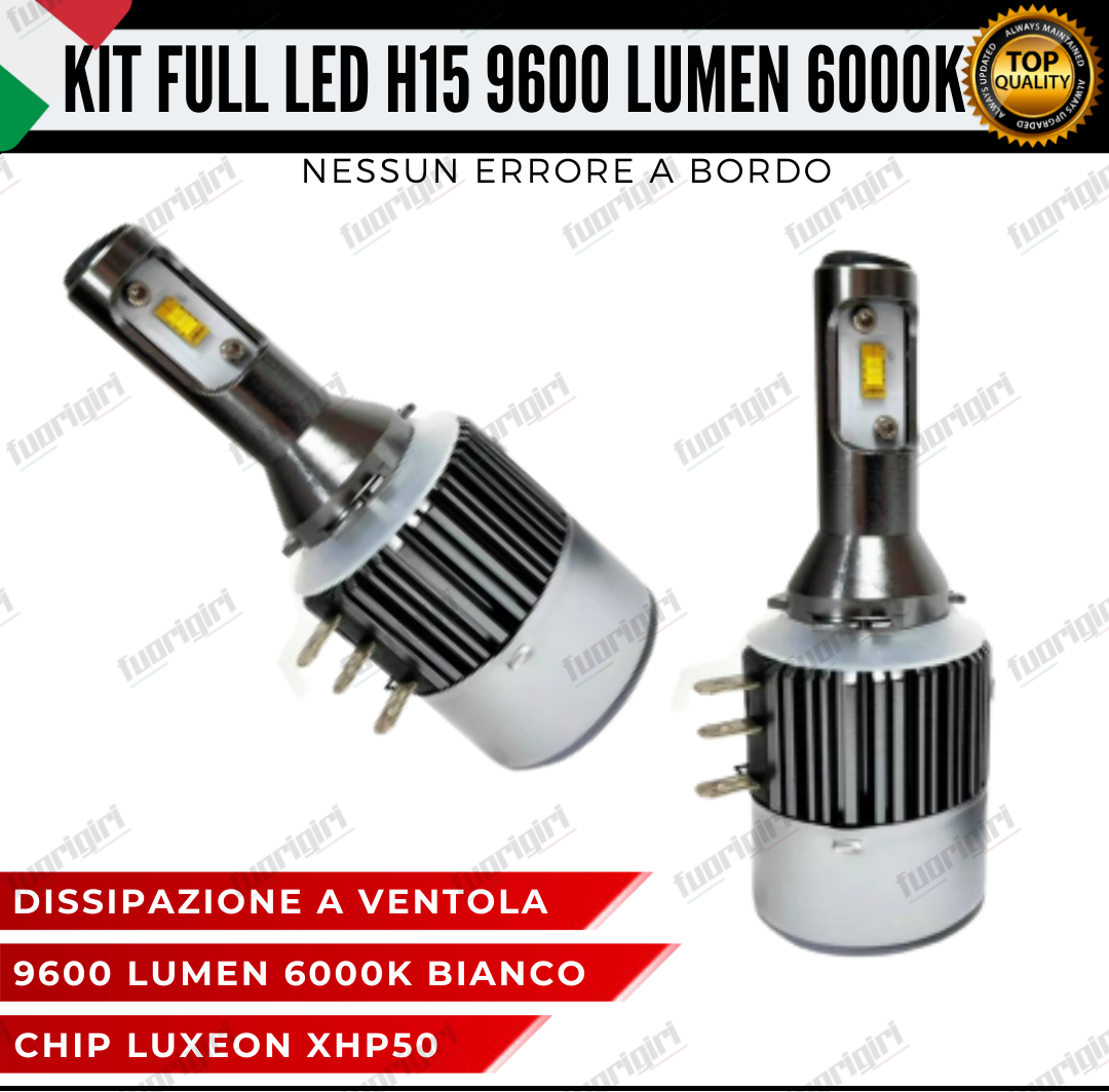 KIT LED H15 MINI FULL LED 6000K XENON CANBUS 9600 LUMEN REALI NO ERROR AUTO MOTO