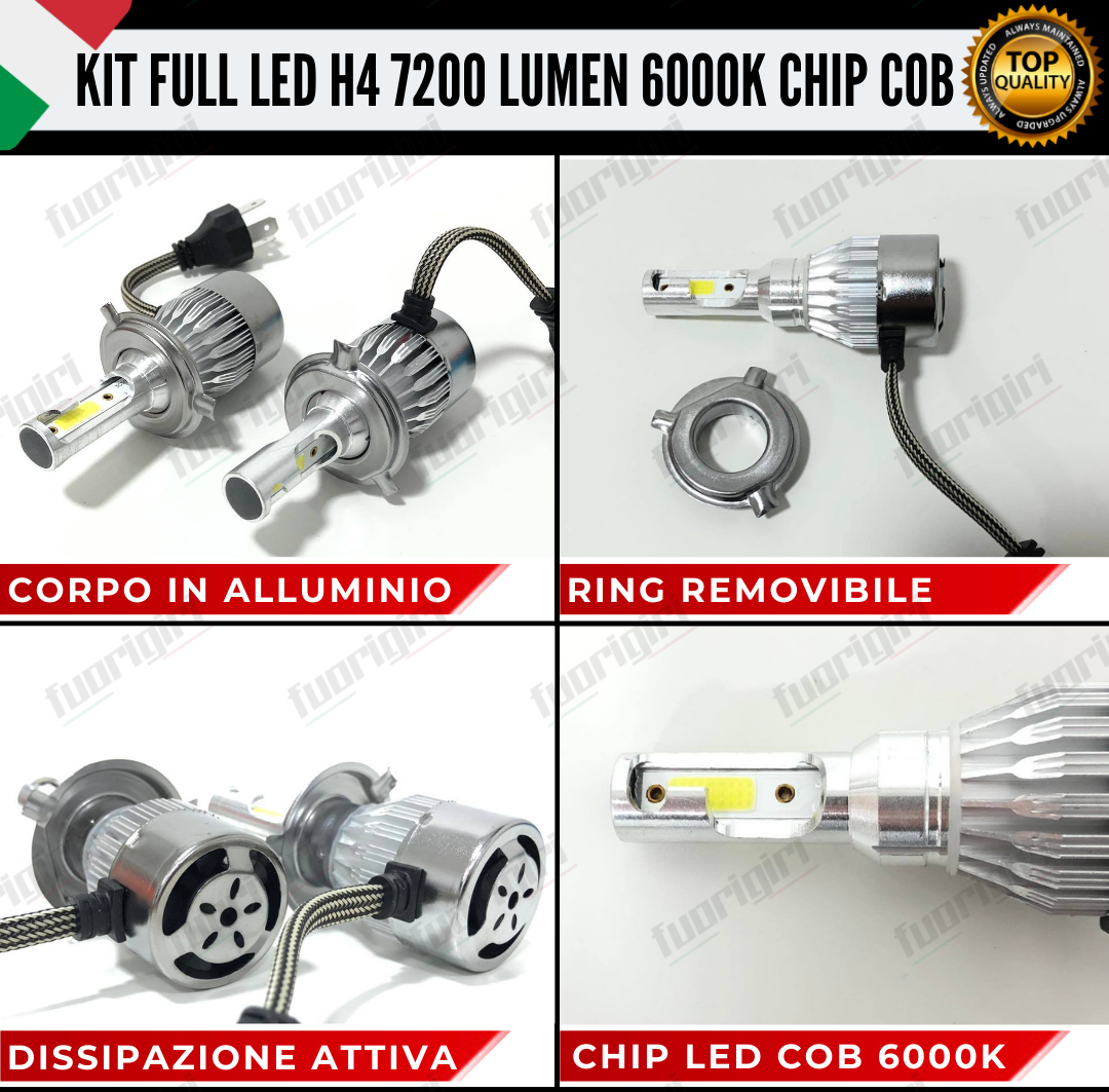 KIT FULL LED H4 7200 LUMEN CANBUS 6000K BIANCO BI-LED PARABOLA 100% NO ERRORE