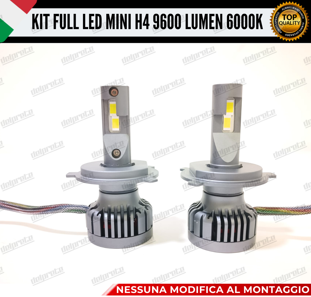 KIT FULL LED H4 6000K 9600 LUMEN 55W REALI BIANCO 100% NO ERROR ANABB+ABB