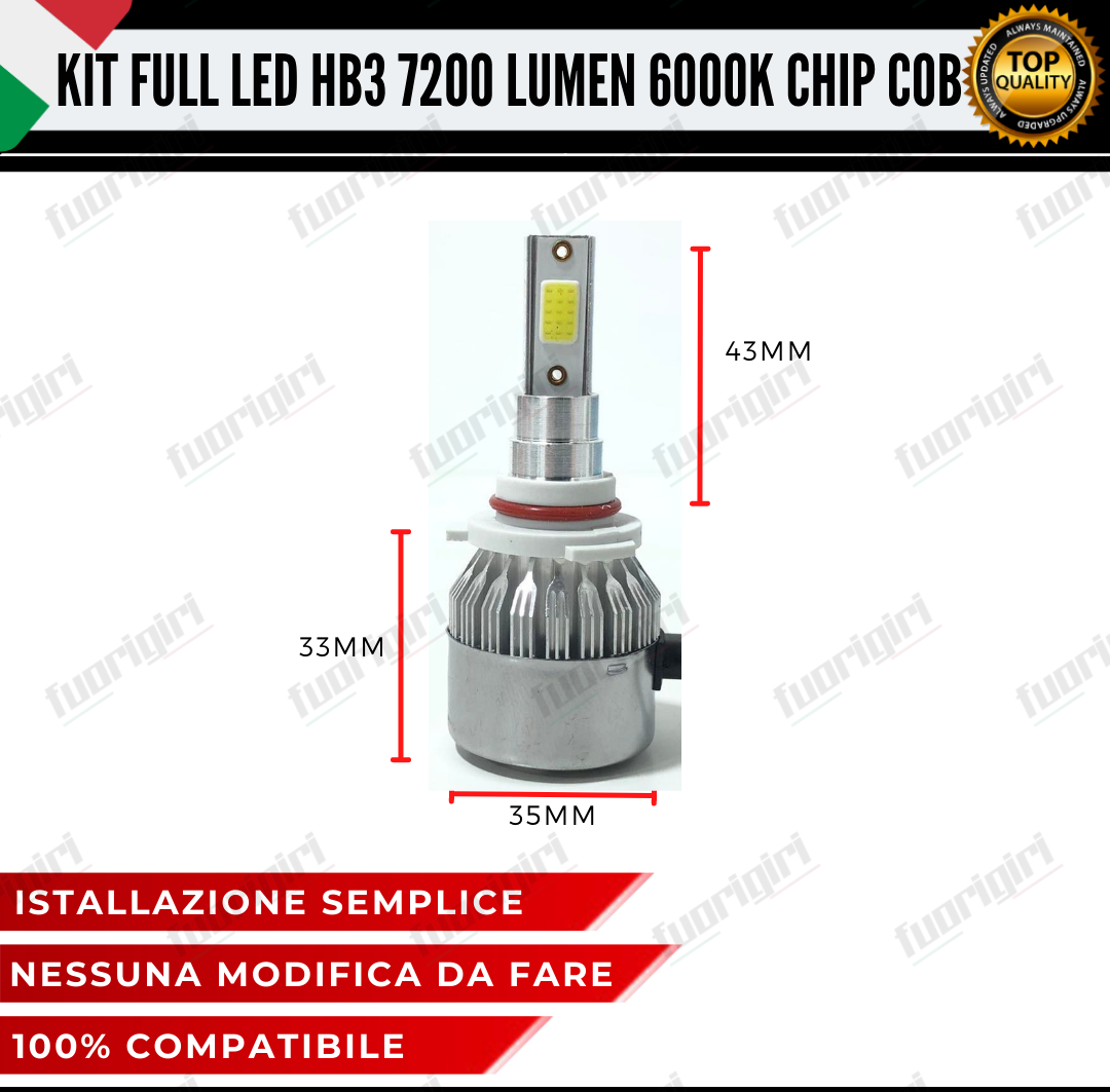 KIT FULL LED HB3 9005 CANBUS 7200 LUMEN REALI 6000K BIANCO NESSUN ERRORE AUTO