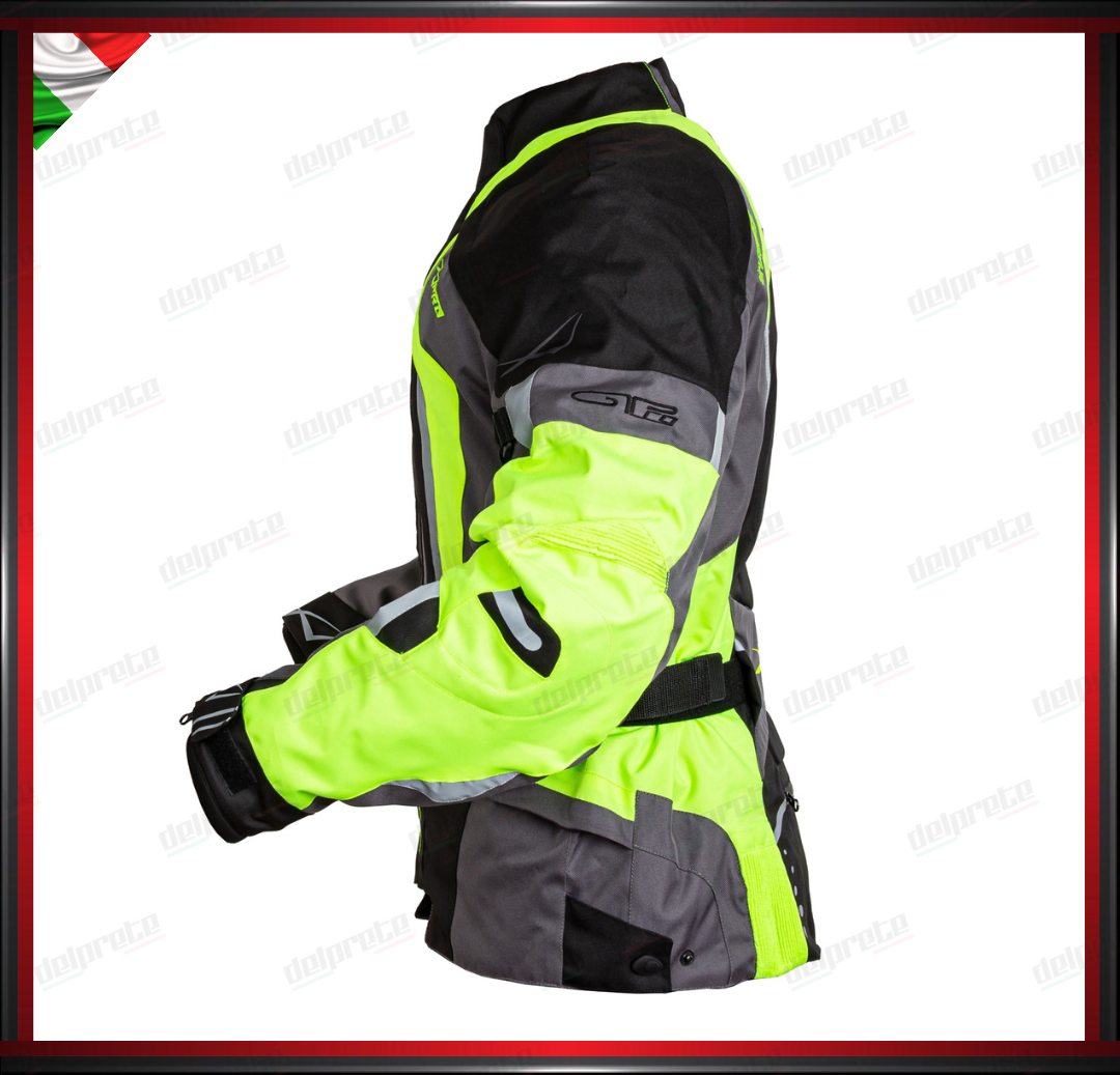 GIACCA MOTO FLUO IN TESSUTO CORDURA IMPERMEABILE TERMICA REMOVIBILE PROTEZIONI OMOLOGATE CE