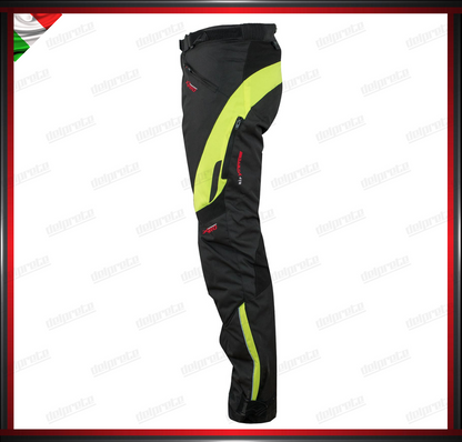 PANTALONI MOTO FLUO IN TESSUTO CORDURA IMPERMEABILI TERMICA ESTRAIBILE PROTEZIONI OMOLOGATE CE