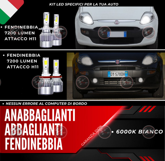 KIT FULL LED PUNTO EVO 7200LM ANABBAGLIANTI ABBAGLIANTI FENDINEBBIA BIANCO 6000K