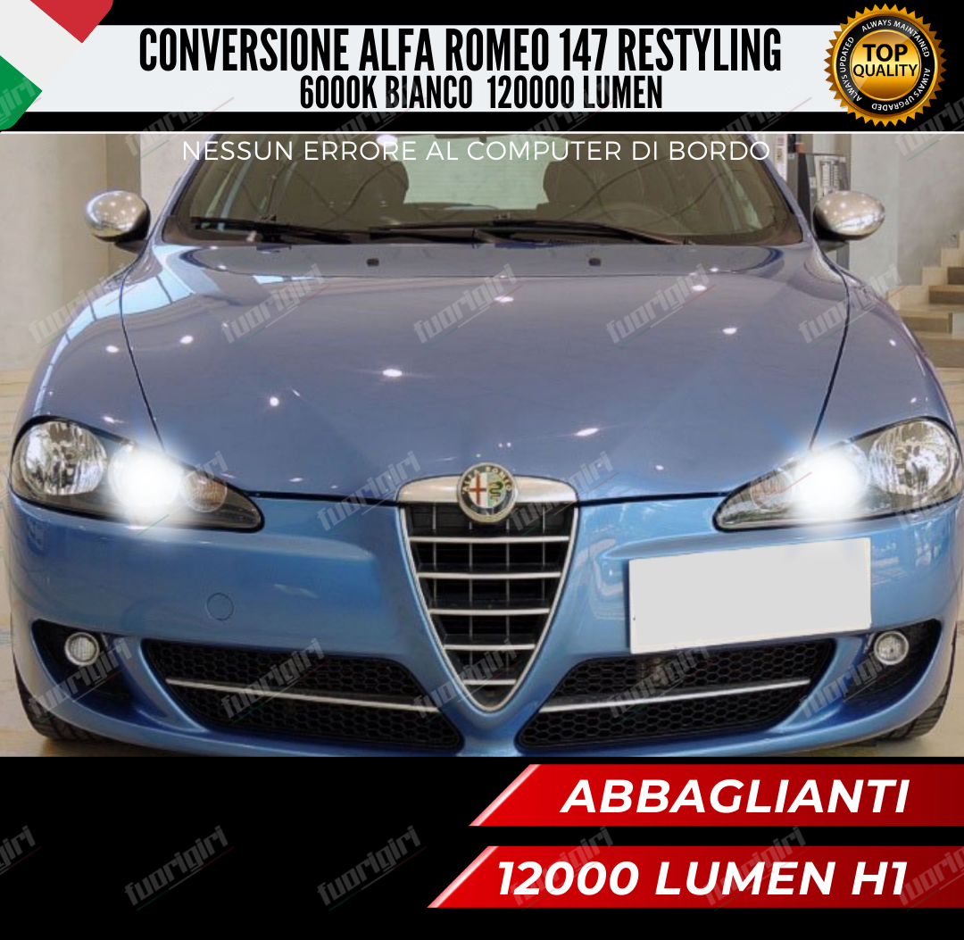 KIT FULL LED ALFA ROMEO 147 H1 ABBAGLIANTI 6000K BIANCO 12000 LUMEN CANBUS LED