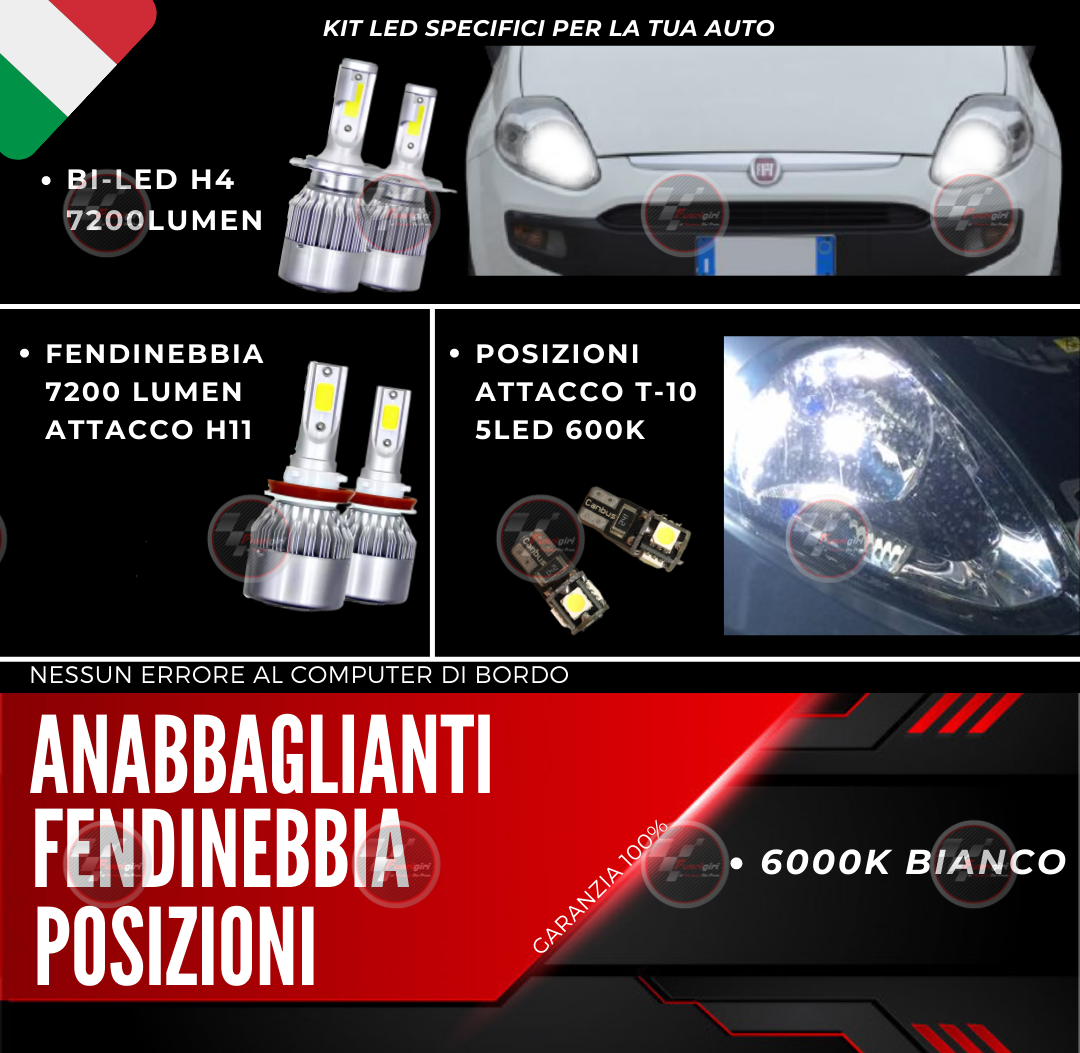 KIT FULL LED PUNTO EVO 7200LM ANABBAGLIANTI ABB- FENDINEBBIA POSIZIONI 6000K