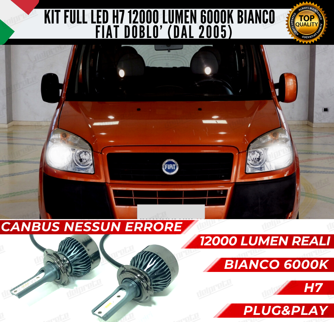 KIT FULL LED FIAT DOBLO I DAL 2005 H7 ANABBAGLIANTI 6000K 12000 LUMEN CANBUS