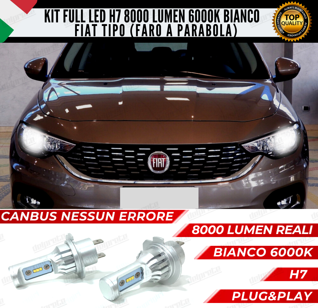 KIT FULL LED FIAT TIPO H7 ANABBAGLIANTI 6000K BIANCO 8000 LUMEN 100% CANBUS (faro a parabola)