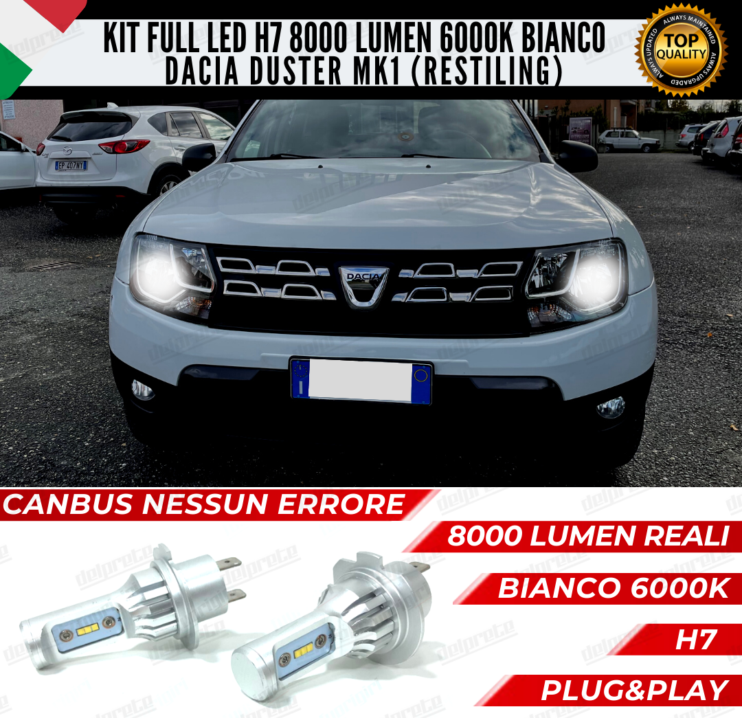 KIT FULL LED DACIA DUSTER I H7 ANABBAGLIANTI 6000K BIANCO 8000 LUMEN 100% CANBUS (restyling)