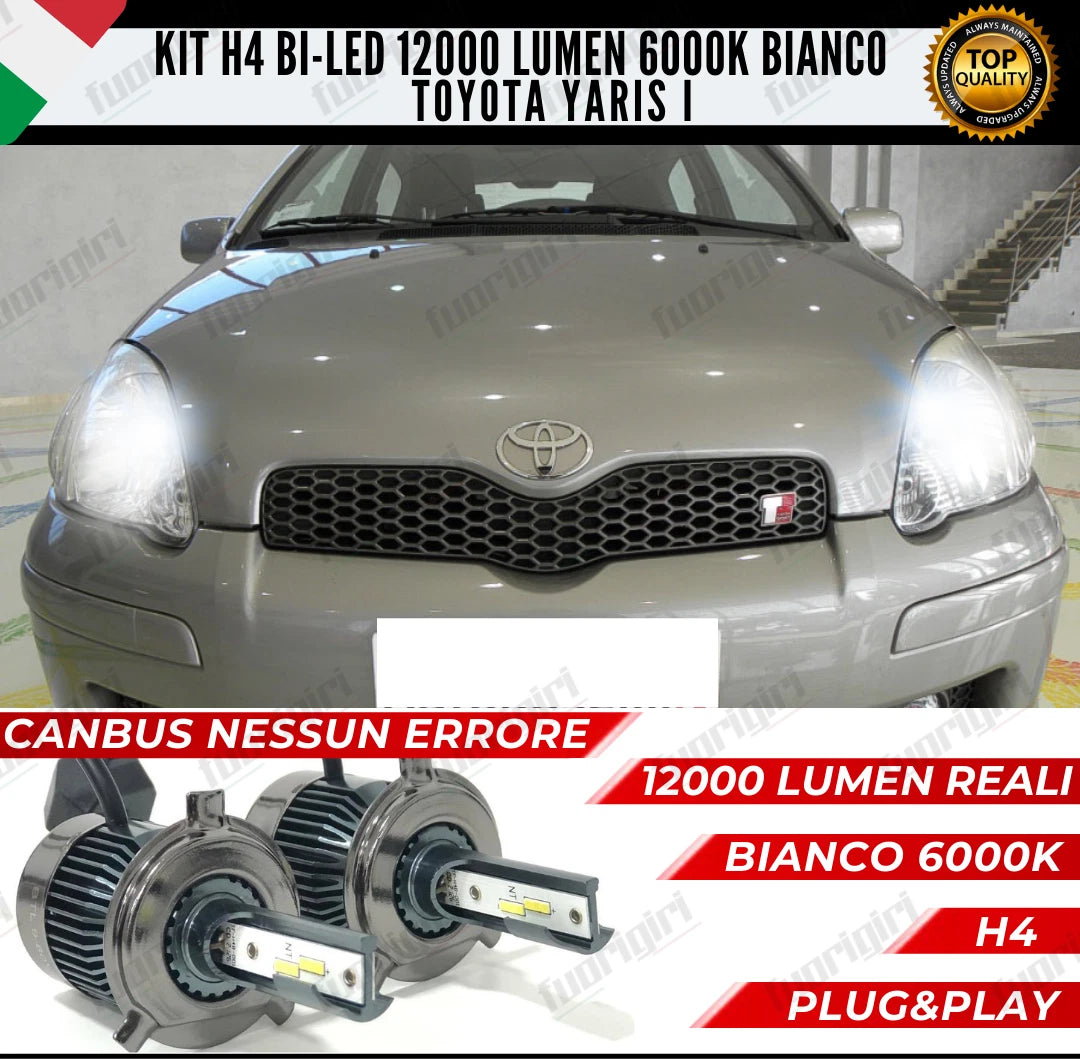 KIT LED H4 TOYOTA YARIS MK1 I BIANCO CANBUS 12000 LUMEN BI-LED NESSUN ERRORE